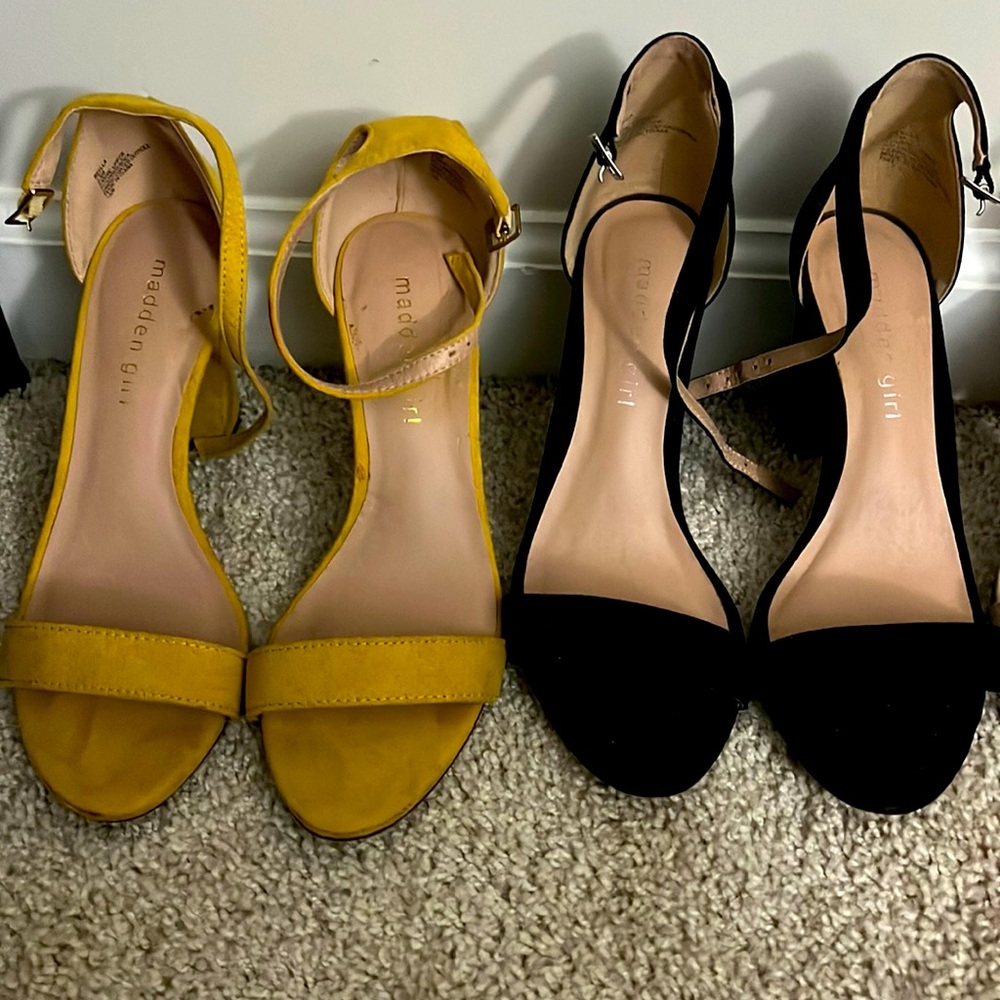 Madden girl block sandals 6.6 yellow, tan, black and blue.